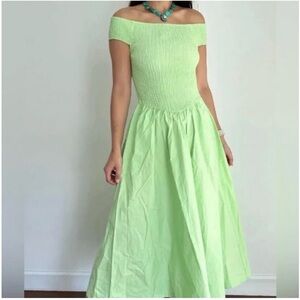 Free People CeCe Smocked Lime Green Off-Shoulder Midi Dress
